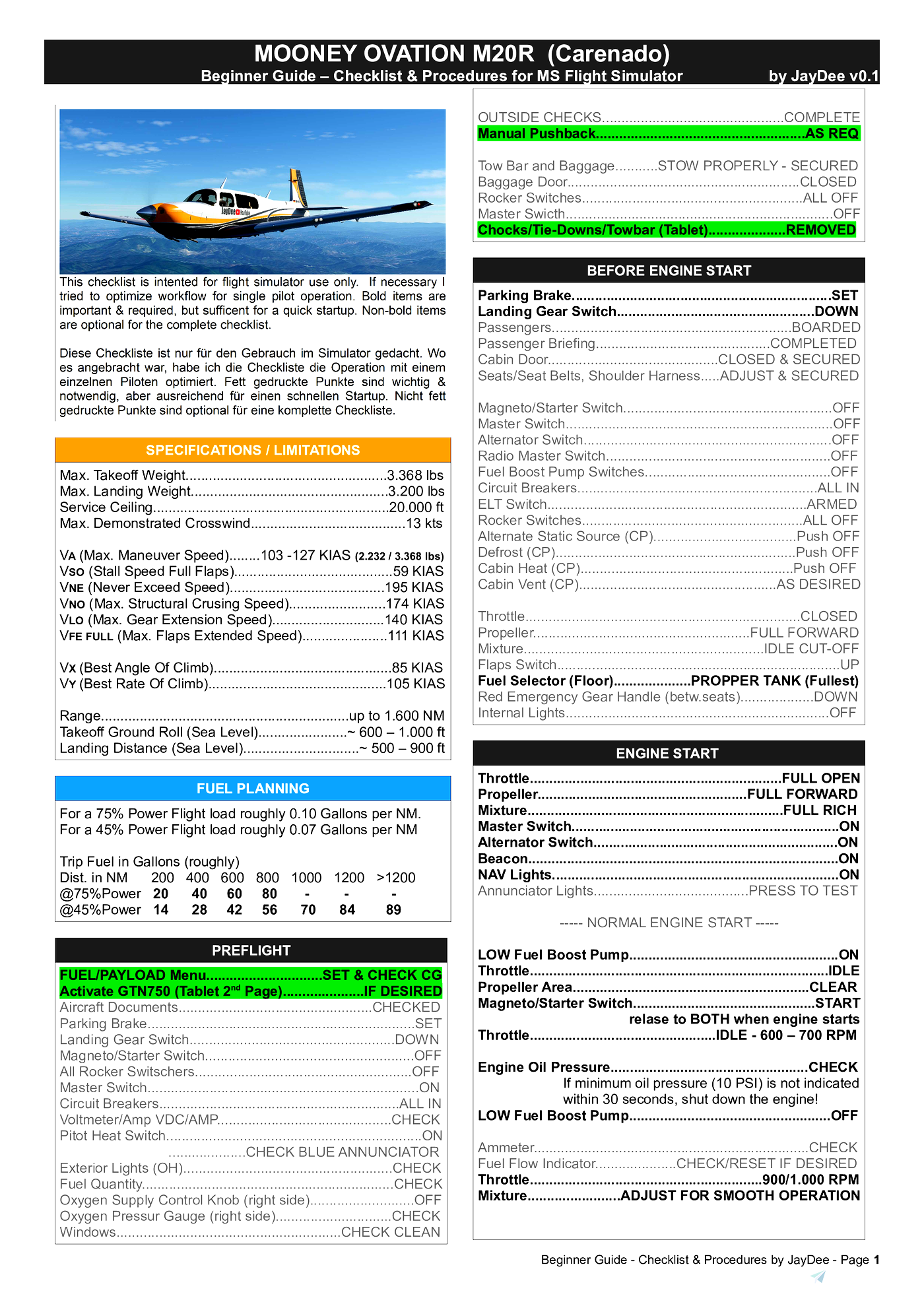 Mooney M20R Ovation (Carenado) - Checklist/Procedures/ Beginners Guide ...