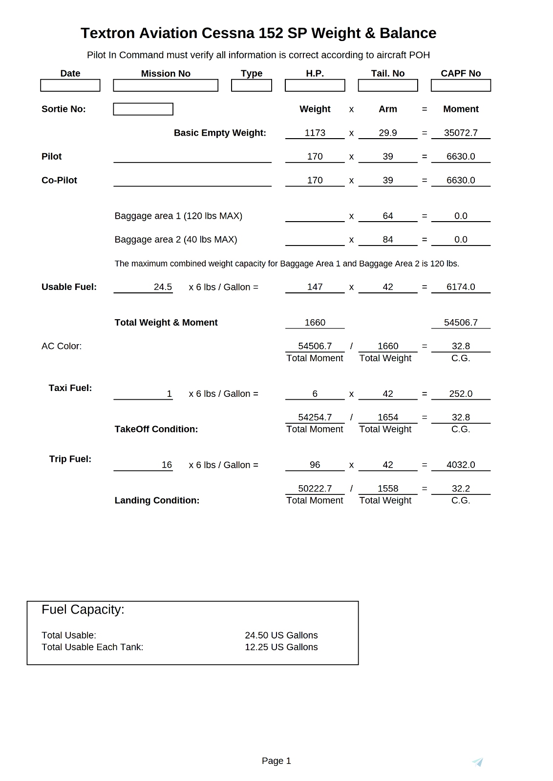 Weight and Balance Sheets Cessna 152, 172 for Microsoft Flight