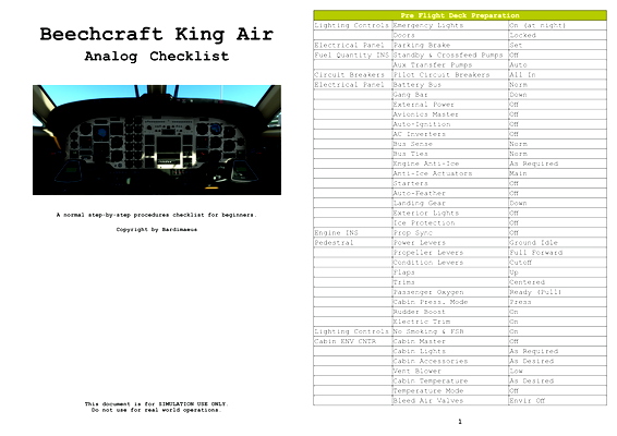 Beechcraft King Air - Analog (Black Square) - Step-By-Step Checklist as PDF - for Microsoft Flight Simulator