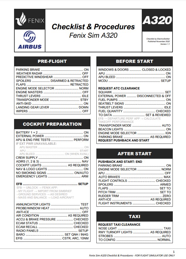 Fenix Sim A320 Checklist For Microsoft Flight Simulator | MSFS