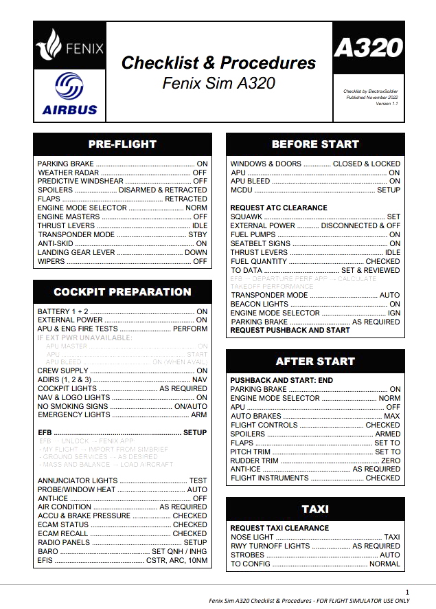 Fenix Sim A320 Checklist for Microsoft Flight Simulator MSFS