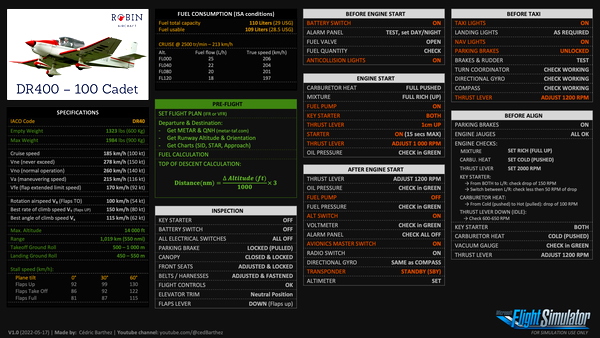 Robin DR400 - Checklists & Procedures - for Microsoft Flight Simulator
