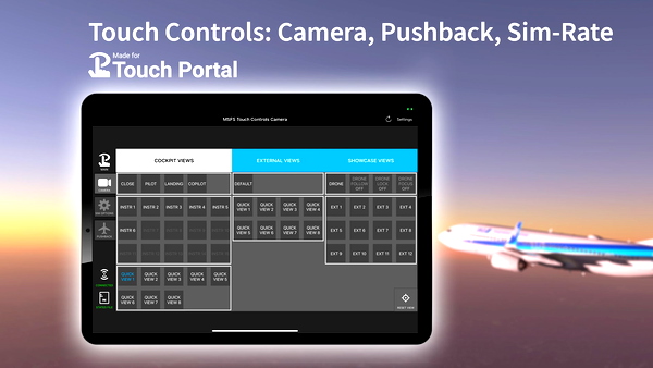 Touch Portal page for MSFS Camera, Flyby, Pushback and Sim Rate Controls - for Microsoft Flight Simulator