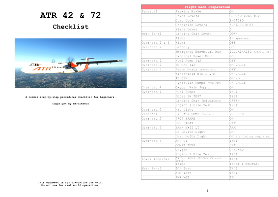 ATR 72 & 42 - Step-By-Step Checklist as PDF - for Microsoft Flight Simulator