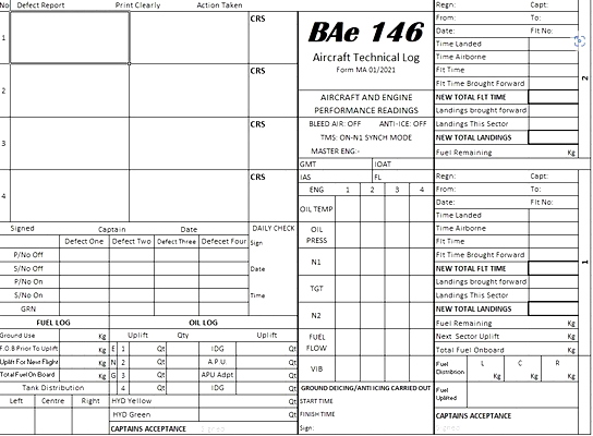 BAE146 tech log sheet - for Microsoft Flight Simulator