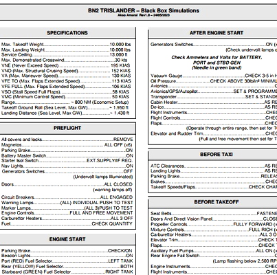 BN2-2A Trislander Checklist (BlackBox) - for Microsoft Flight Simulator