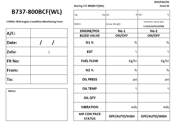CFM56-7B26 Engine Condition Monitoring Form (use with PMDG 737's) - for Microsoft Flight Simulator