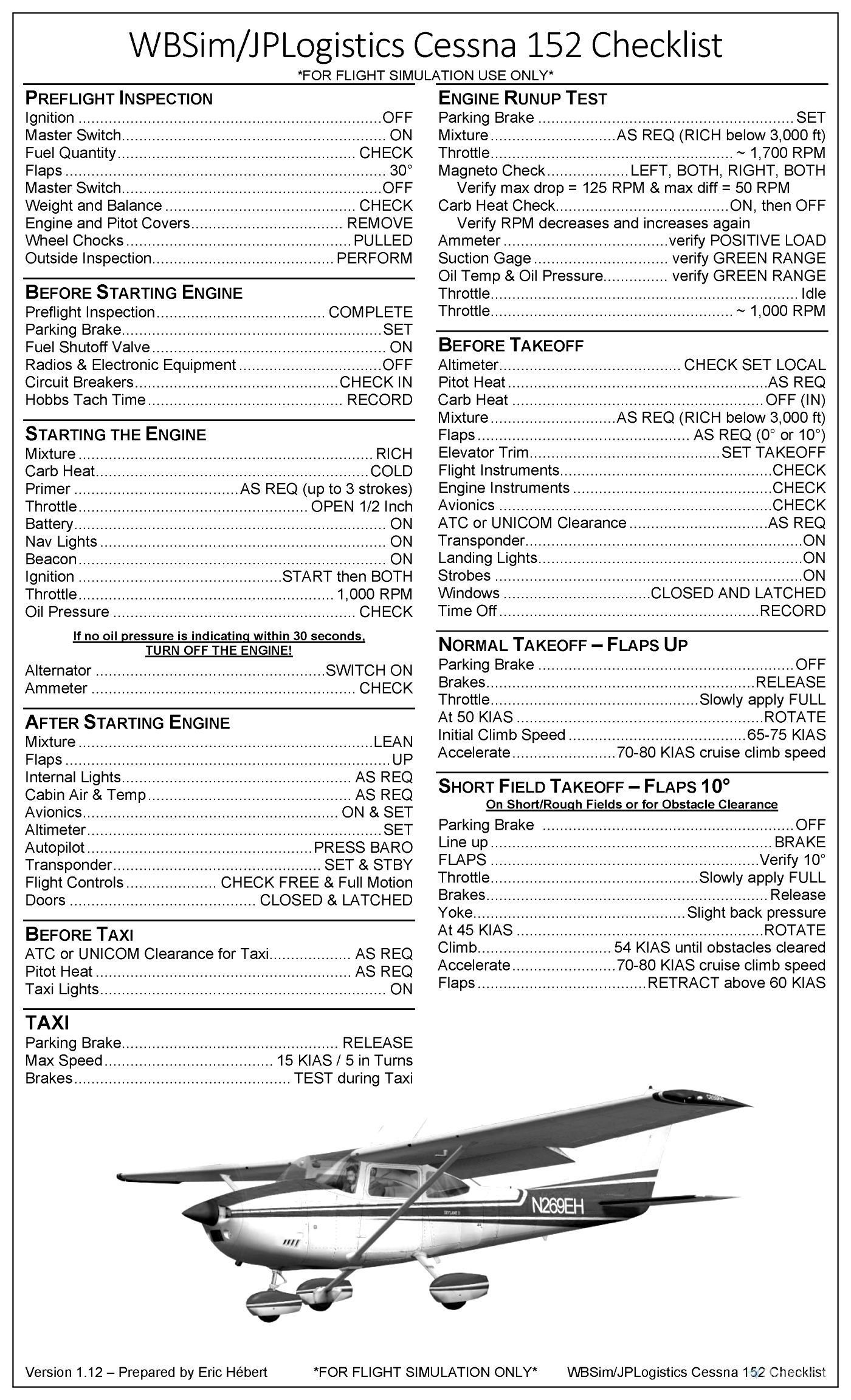 WBSim/JPLogistics Cessna 152 Checklist v1.12 for Microsoft Flight ...