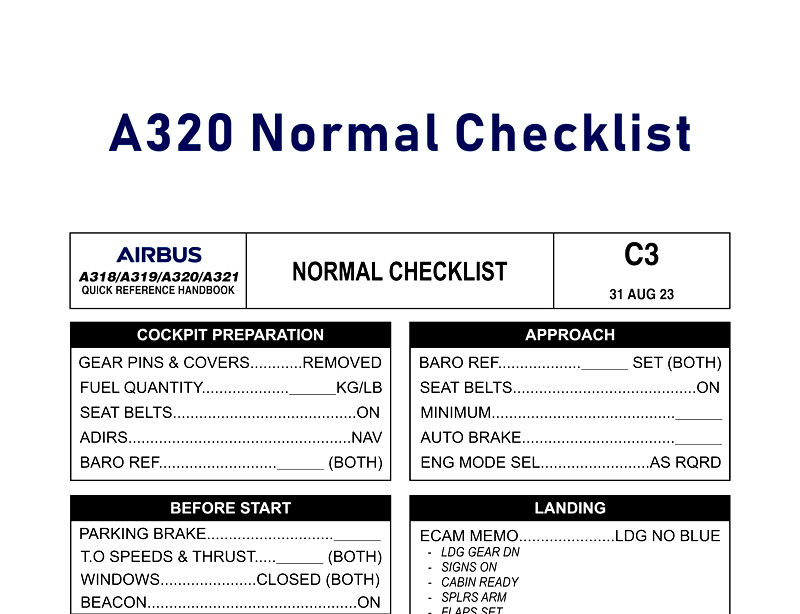 Airbus A320 Normal Checklist A32NX, Fenix Standard Operating