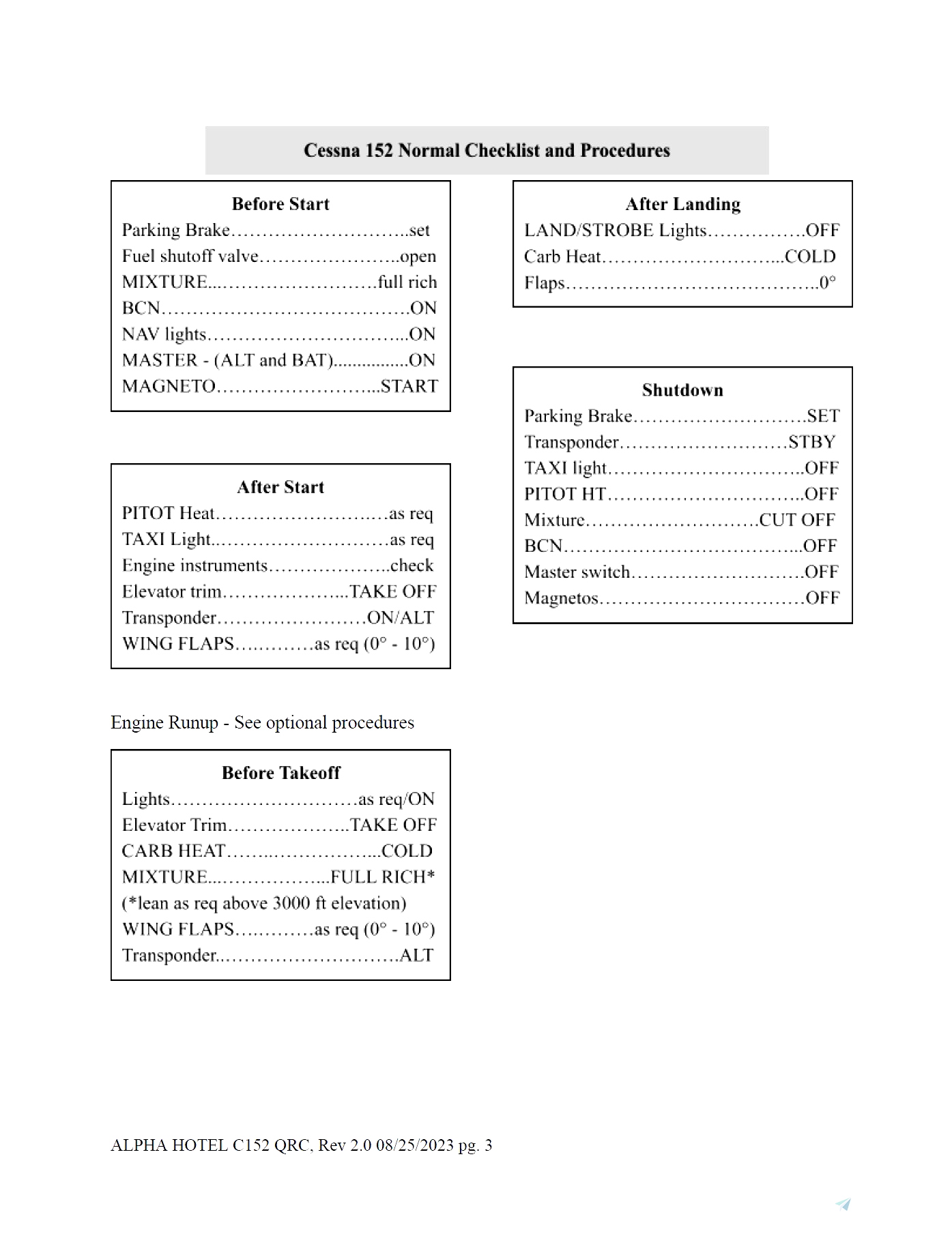 Quick Reference/Checklist Cessna 152 for Microsoft Flight Simulator